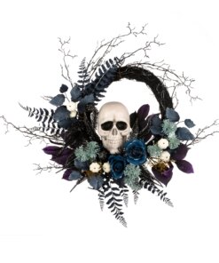 24 in. Halloween Skull Wreath featuring a white skull and colorful leaves