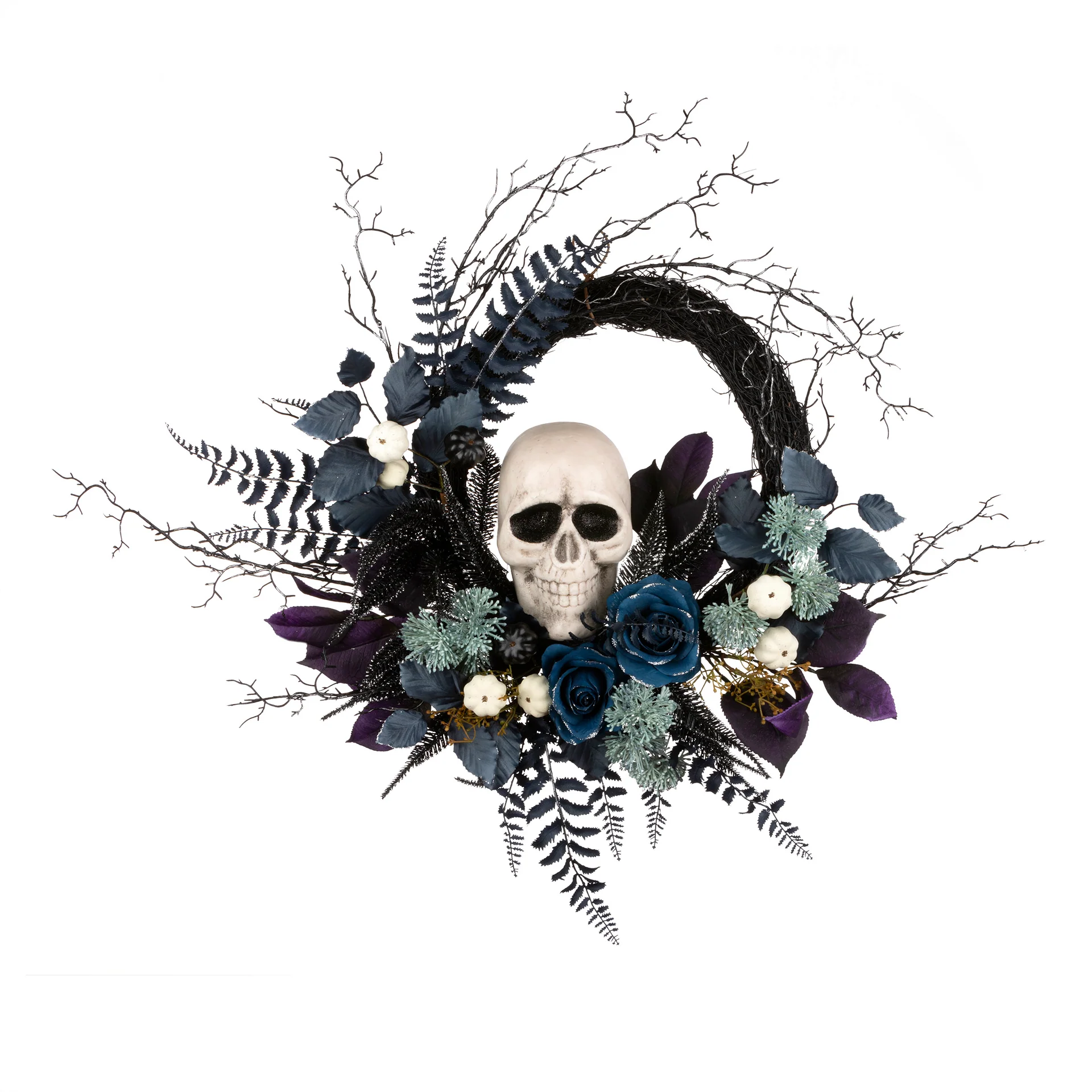 24 in. Halloween Skull Wreath featuring a white skull and colorful leaves