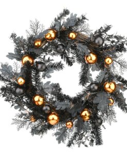 24 in. Halloween Spooky Wreath with Black and Orange Ball Ornaments, Leaves