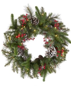24 in. Pre-Lit Bristle Berry Wreath with LED Lights