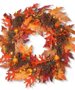 24 in. Pre-Lit Fall Wreath with Gourds, Pinecones, Maple Leaves, Berry Clusters and Lights