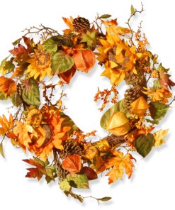 25 in. Fall Wreath with Sunflowers, Pinecones, Berry Clusters, Maple Leaves
