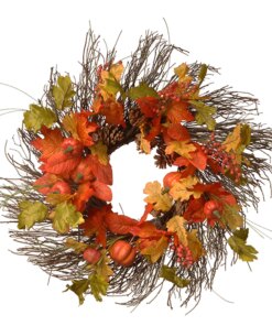 26 in. Fall Wreath with Pumpkins, Pinecones, Berry Clusters, Assorted Leaves