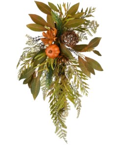 26 in. Wall Flower Swag Fall Decoration with Fern Fronds, Leaves, Pumpkins, Twig Cones