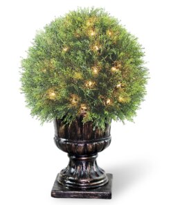 27 in. Pre-Lit Upright Juniper Ball Topiary Tree in a Decorative Urn with Clear Lights
