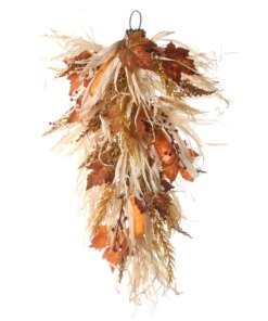 30 in. Fall Teardrop with Raffia Leaves, Corn Cobs, Berry Clusters