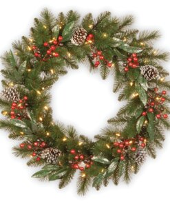 30 in. Pre-Lit Frosted Pine Berry Wreath with LED Lights