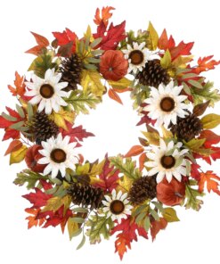 32 in. Fall Wreath with Pumpkin Gourds, Pine Cones, Maple Leaves, Sunflower Blooms
