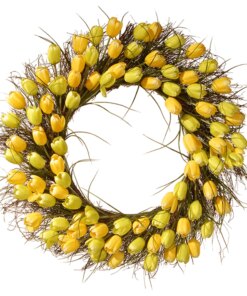 32 in. Spring Wreath with Yellow Tulip Blooms, Flowing Green Stems