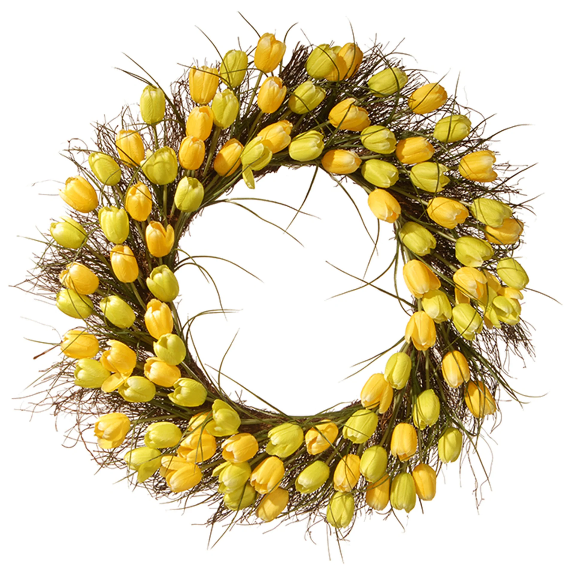 32 in. Spring Wreath with Yellow Tulip Blooms, Flowing Green Stems
