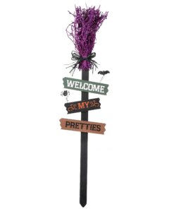 33 in. Halloween Welcome My Pretties Witchs Broom Garden Stake