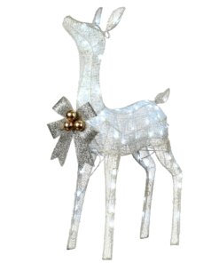 36 in. Pre-Lit Glittered Fawn, Plug-In with silver bow and gold ornaments