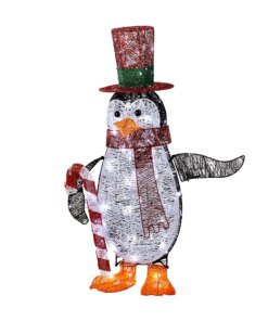 36 in. Pre Lit Penguin with Red Top Hat and Candy Cane Decor, Plug-In