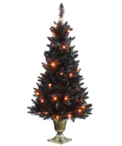 4 ft. Black Entrance Tree with String of Orange Lights, Plug-In