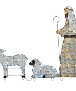 41 in., 18 in. and 12 in. Fabric Glitter Shepherd and Sheep Set with Warm and Cool White Steady LED Lights, Plug-In