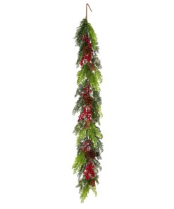 5 ft. Christmas Joy Garland with lush green branches and vibrant red berries