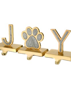 5 in. 3-Piece Silver Sparkle JOY Christmas Stocking Holders, Silver and Gold with Paw Print