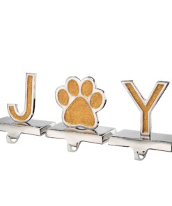 5 in. 3-Pieces Gold Sparkle JOY Christmas Stocking Holders, Gold and Silver with Paw Print