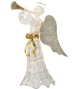 51 in. Trumpeting Gold and White Angel with Warm White LED Lights, Plug-In