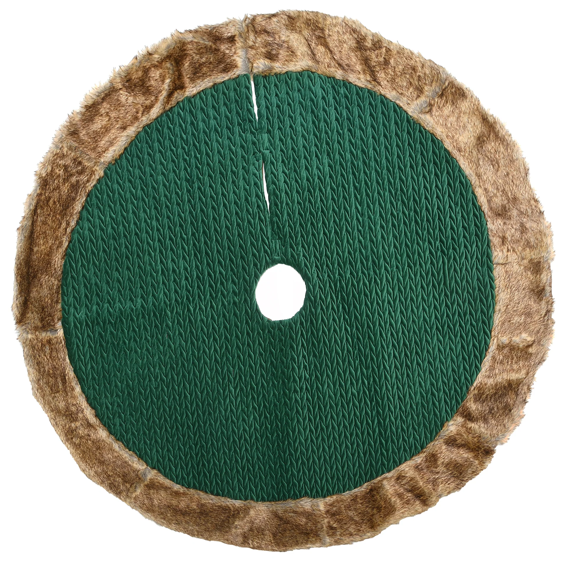 52 in. Rural Homestead Collection Quilted Tree Skirt with velvety green center and faux fur border