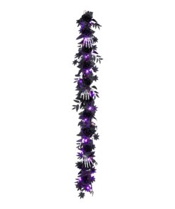 6 ft. Halloween Bad to the Bone Garland with LED Lights featuring black roses and skull hands