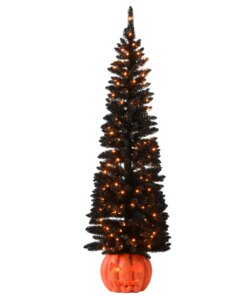 6 ft Halloween Pre-Lit Black Tree with LED Lights, Pumpkin Base, Plug-In