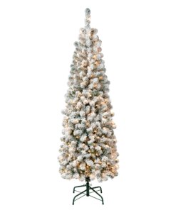 6 ft. Pre-Lit Acacia Pencil Slim Flocked Hinged Tree with Clear Lights