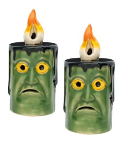 6 in. 2-Piece Halloween Frankenstein Porcelain Candle with Multicolor LED Lights