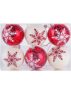 6-Piece Shatterproof Snowflake Ornaments in red and white with glitter accents