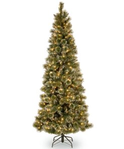 6.5 ft. Pre-Lit Glittery Bristle Pine Slim Tree with Warm White LED Lights, Plug-In