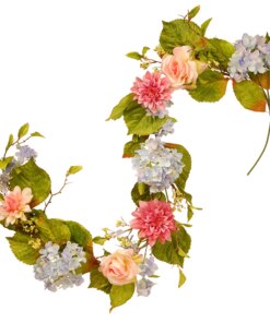 70 in. Spring Garland with Multicolor Hydrangea, Rose and Dahlia Blooms, Berry Clusters, Leafy Greens