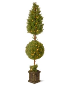 72 in. Pre-Lit Juniper Cone and Ball Topiary Tree in a Black Square Pot with Clear Lights