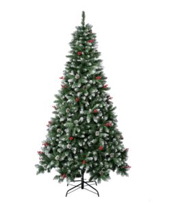 7.5 ft. Cullen Tree with flocked branches, pine cones, and red berries