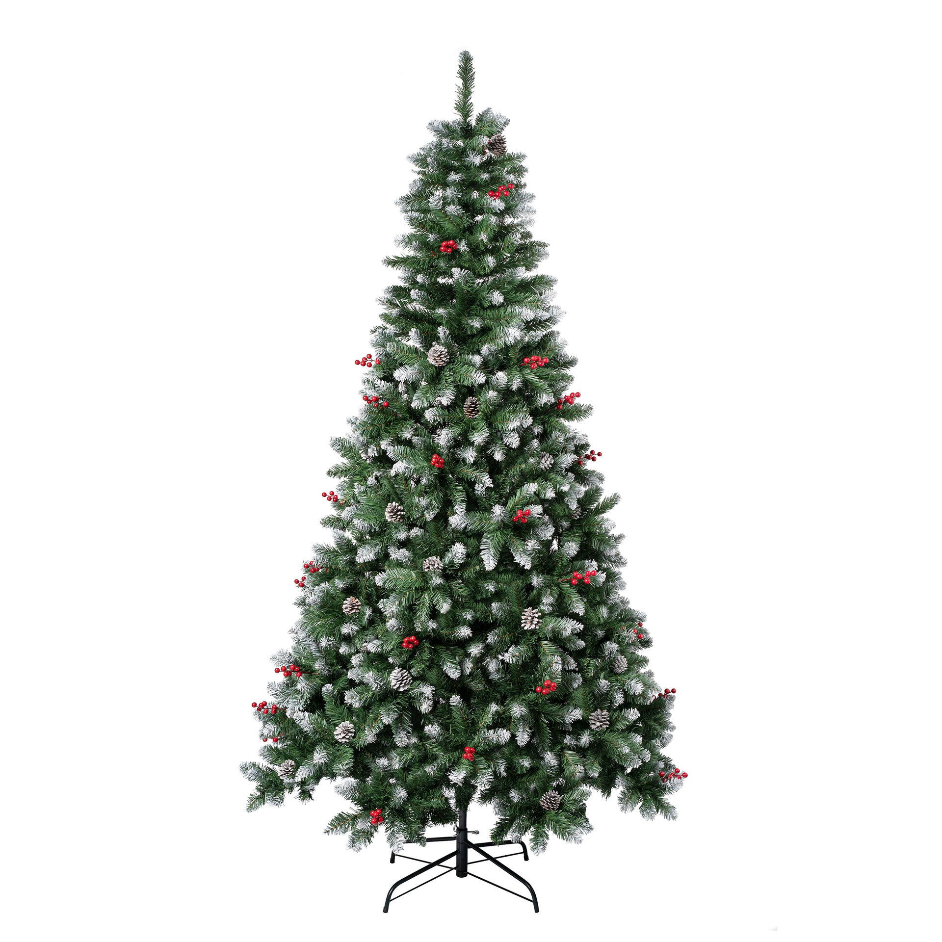 7.5 ft. Cullen Tree with flocked branches, pine cones, and red berries