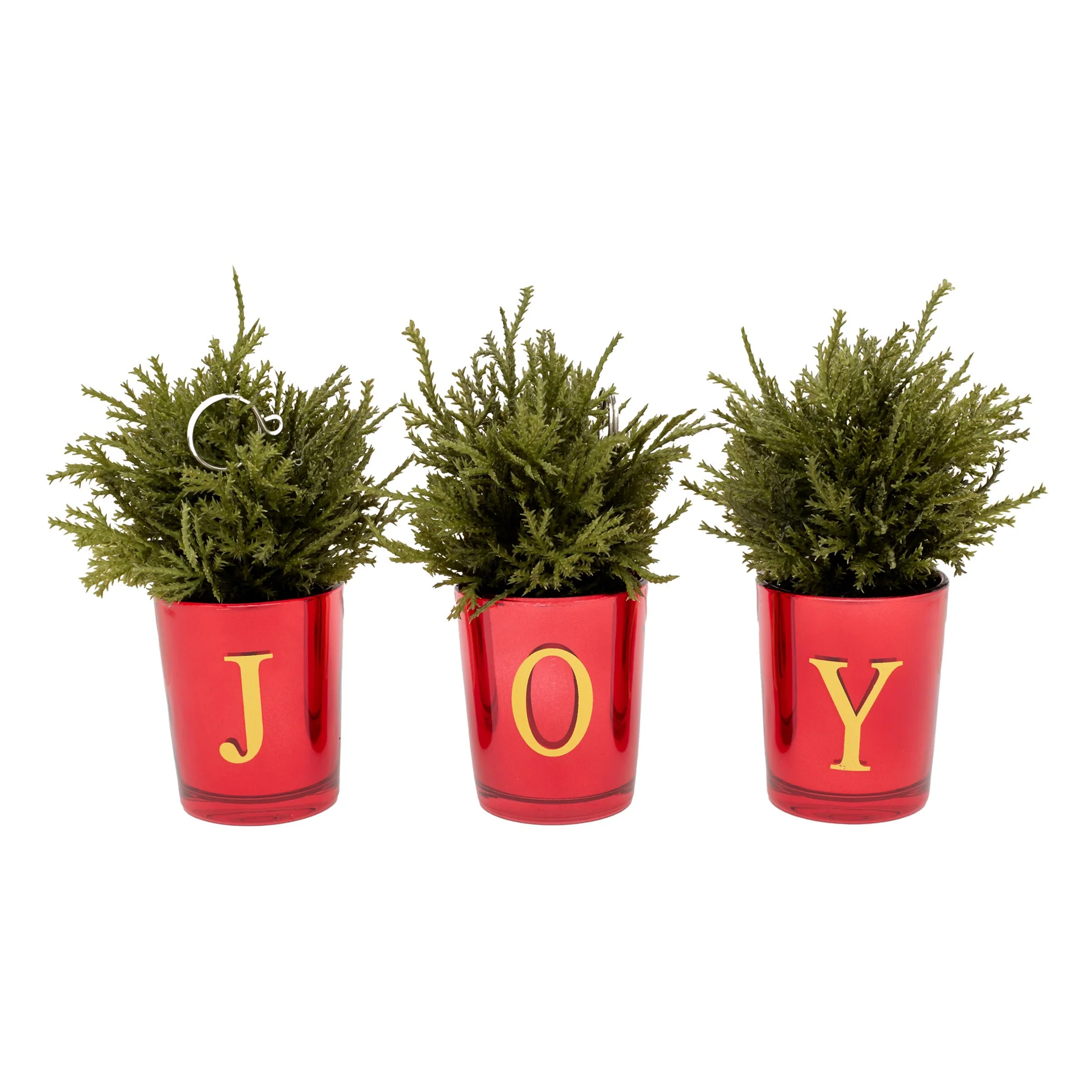 8 in. Christmas Joy Tabletop Card Holder Votive 3 Piece featuring three mini Christmas trees in red glass votives