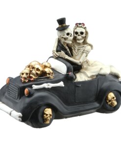 8 in. Halloween Skeleton Bride and Groom in Black Car with LED Lights