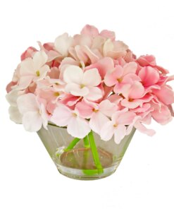 8 in. Spring Pink Hydrangea Bouquet in Glass Vase