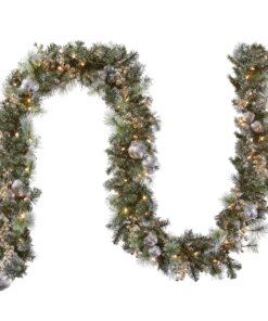 9 ft. Pre-Lit Glittery Pine Pomegranate Garland with Clear Lights, Plug-In