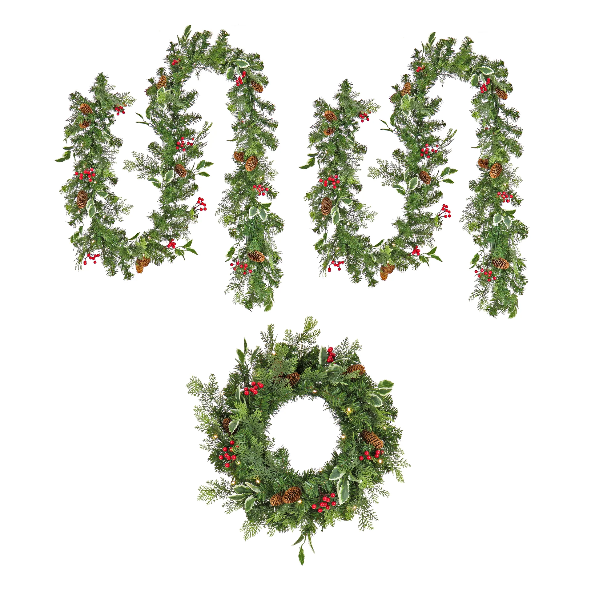 9 ft. Pre-Lit Holly Berry Wreath and Garland Assortment