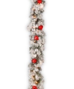 9 ft. Pre-Lit Snowy Bristle Pine Garland with Clear Lights and Ornaments