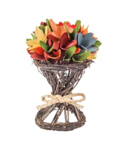 9 in. Spring Multicolor Floral Bouquet featuring vibrant wooden flowers and a rustic woven twig base