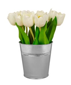 9 in. Spring White Tulip Bouquet in Metal Pot