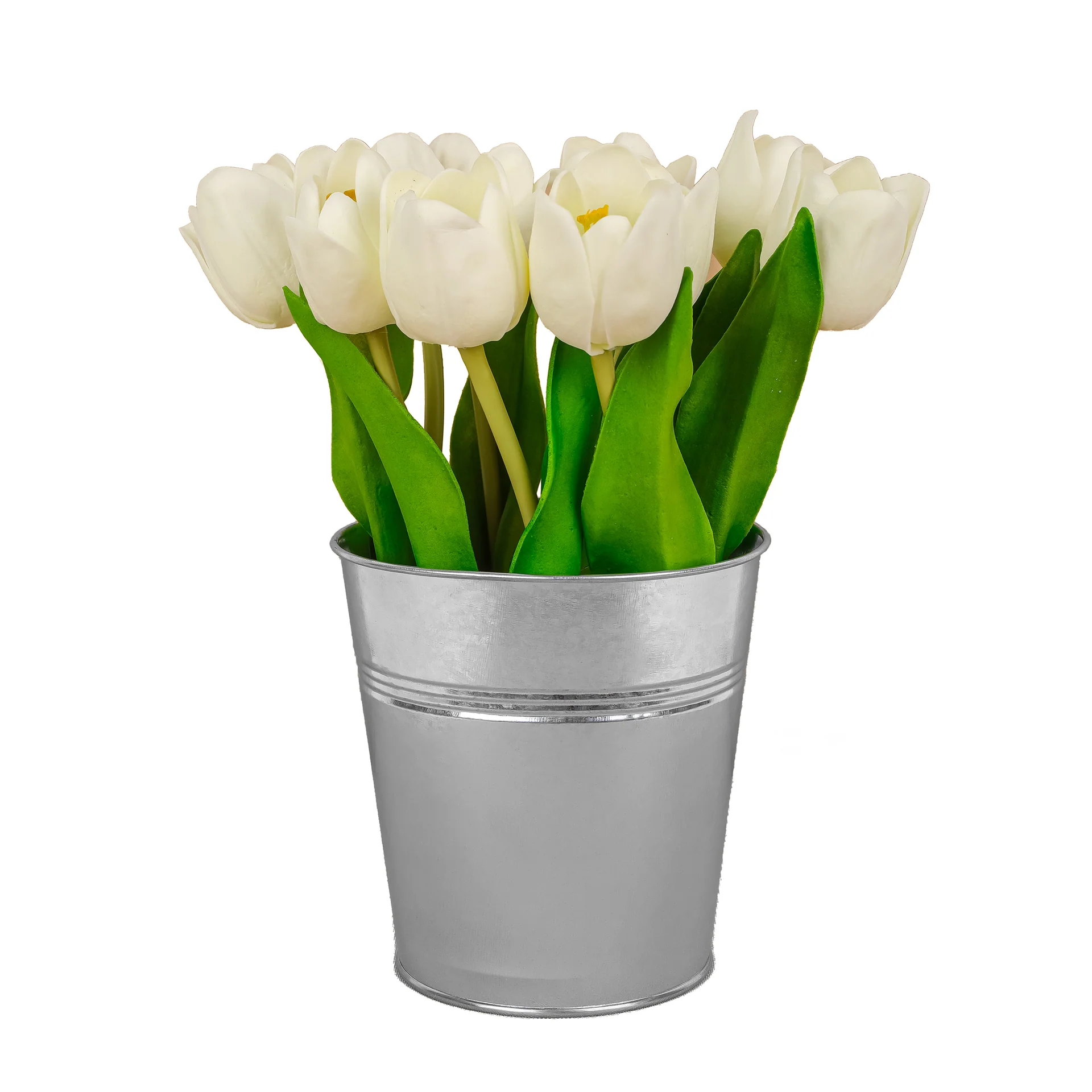 9 in. Spring White Tulip Bouquet in Metal Pot