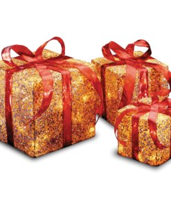 Pre-Lit Gold Gift Box with Red Bow, Set of Three, White Lights