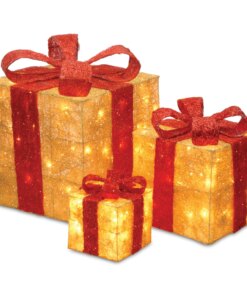 Pre-Lit Gold Gift Boxes, Set of Three, 105 White Lights, Plug-In