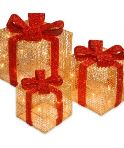 Pre-Lit Gold Gift Boxes, Set of Three, 35 White Lights, Plug-In