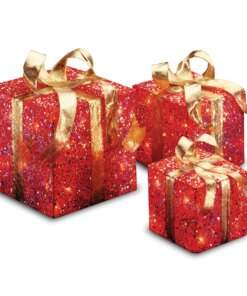 Pre-Lit Red Gift Box with Gold Bow, Set of Three, White Lights