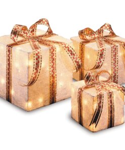 Pre-Lit White and Gold Gift Boxes, Set of Three, White Lights, Plug-In